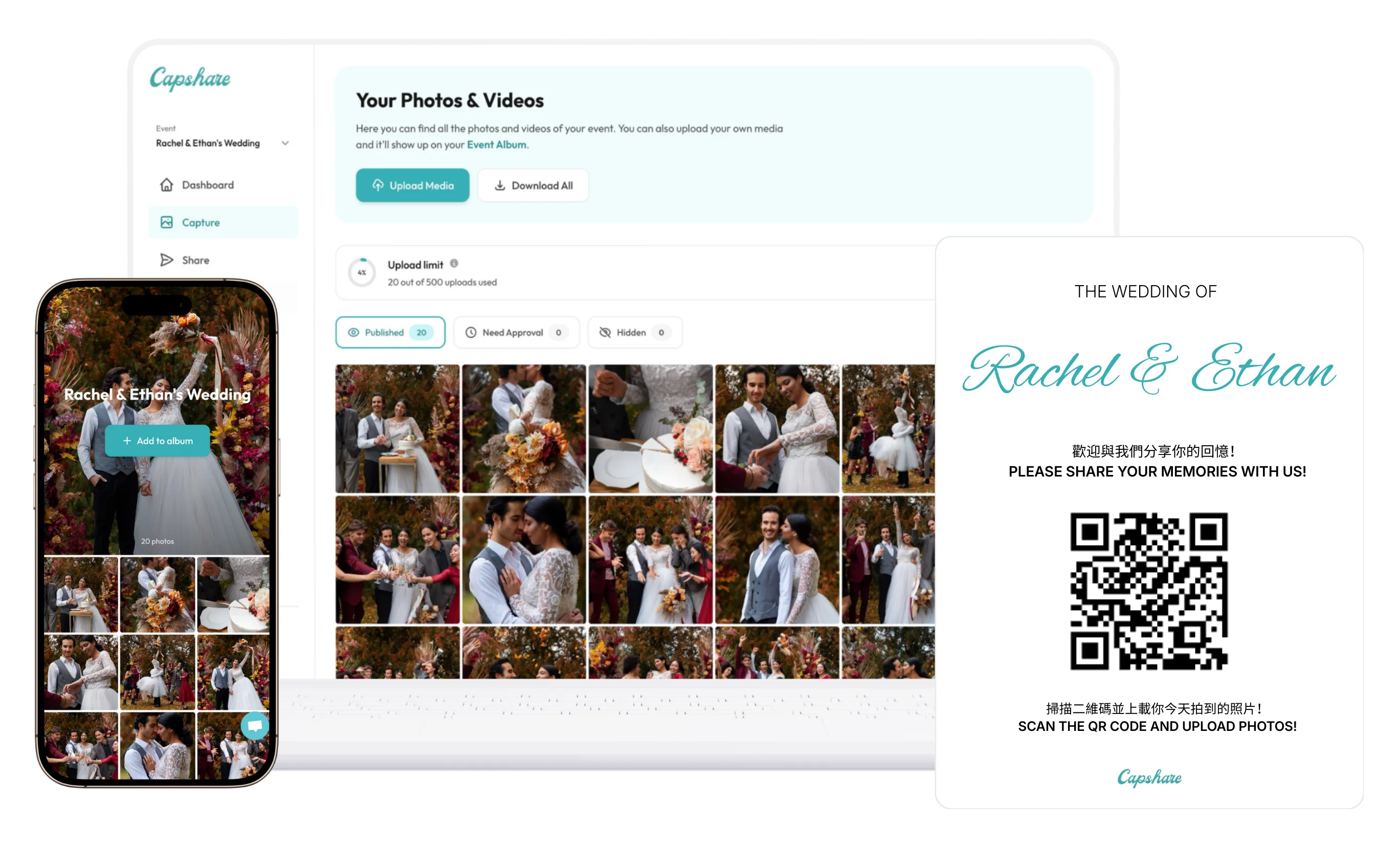 Capshare complete offering showing dashboard, mobile app, and QR card